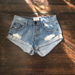 One Teaspoon Distressed Light Blue Denim Jean Shorts